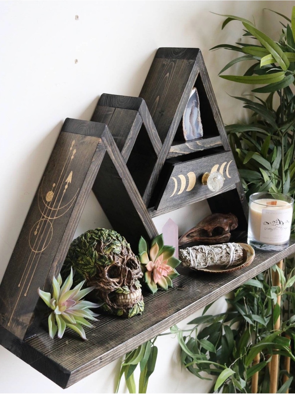 Rustic Black Wooden Geometric Wall Shelf with Gold Moon Accents